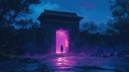 Mysterious figure standing before a glowing portal at an ancient stone gateway under a twilight sky