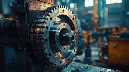 Industrial machine featuring a large circular gear wheel in a manufacturing setting