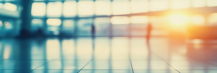 Fototapeta premium Abstract Blurred Office Building Interior, Warm Sunset Light
