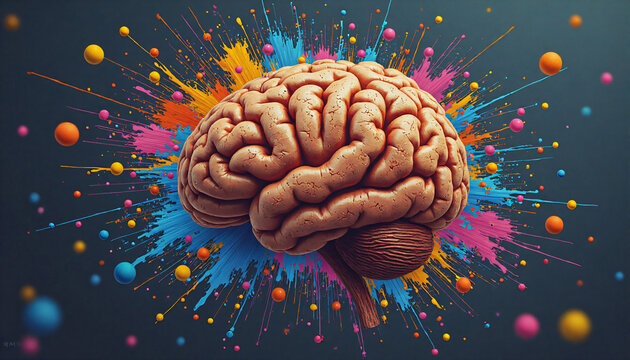 a brain with paint splatters surrounding it.