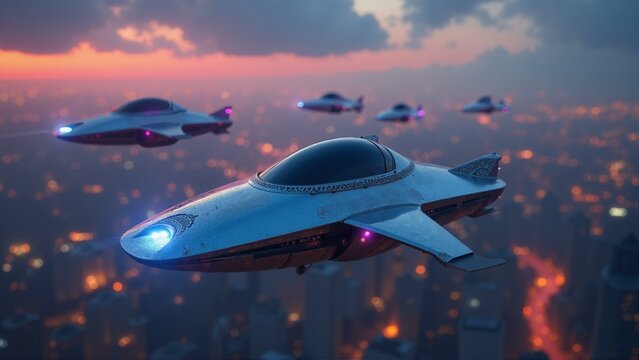 A futuristic cityscape at twilight with hovercars and neon lights.