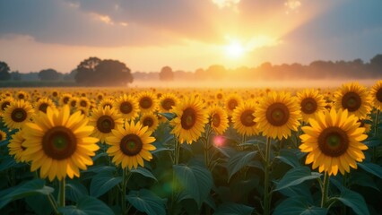Obraz premium Sunflowers in a misty field, illuminated by morning sunlight and colorful rays.