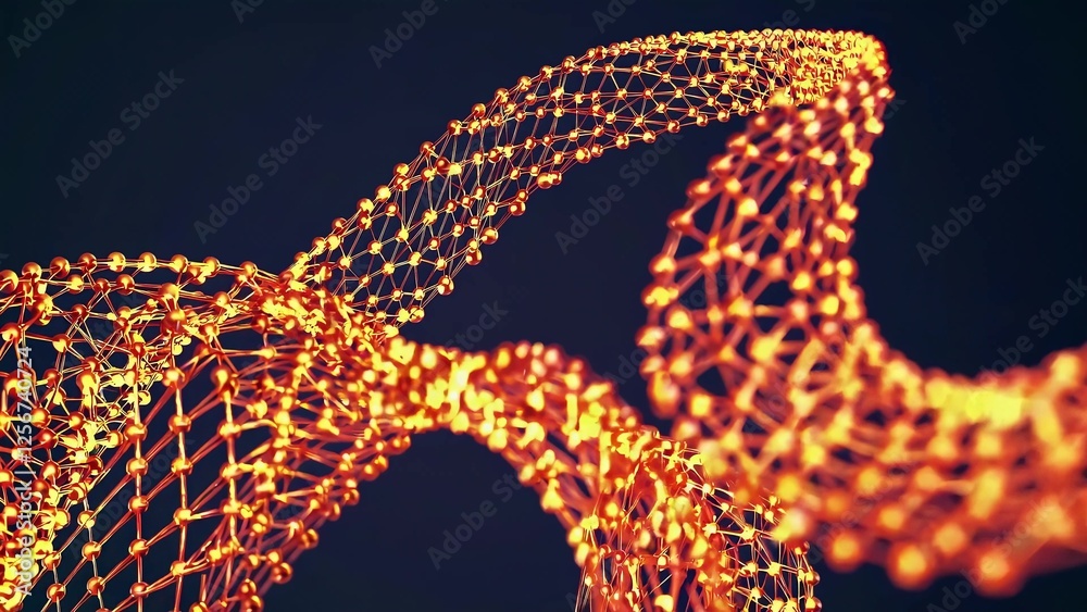 Poster golden network mesh rotating and glowing on dark background, forming a complex structure with interc