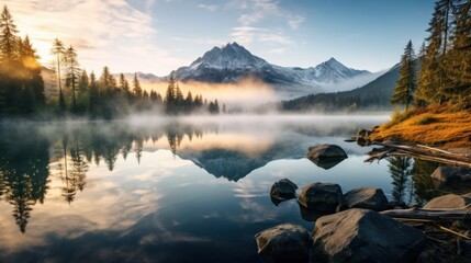 Mystical alpine lake reflection at dawn with snow capped mountains