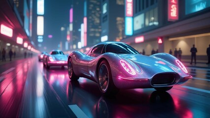 Fototapeta premium A convoy of sleek, aerodynamic cars cruise above the city in a neon-lit night scene.