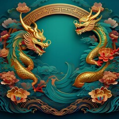 Obraz premium elegant dragon border frame with floral design with copy space for text graphic resource
