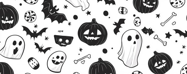 Hand-drawn cartoon halloween seamless pattern with pumpkins, ghosts, bats, bones, and candy in a repeating design