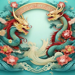 Fototapeta premium elegant dragon border frame with floral design with copy space for text graphic resource
