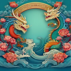 Obraz premium elegant dragon border frame with floral design with copy space for text graphic resource