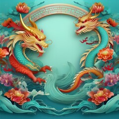 Fototapeta premium elegant dragon border frame with floral design with copy space for text graphic resource