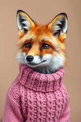 Fox Portrait Wearing Pink Sweater Cute Animal Anthropomorphic Fashion Style