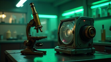 A vintage microscope next to a modern, high-tech device in a dimly lit lab.