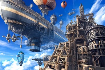 ゲーム背景　メカニカルな整備工場とその後ろを飛ぶ飛行船風景	
