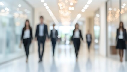 Blurred Businesspeople Walking in Modern Office Corridor