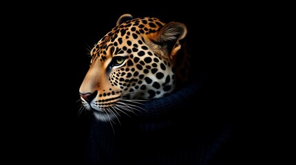 Fototapeta premium Leopard Wearing Sweater Isolated on Black Background Animal Portrait