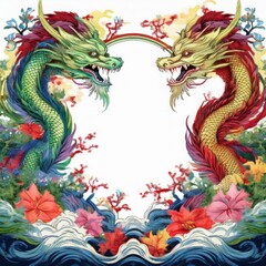 Fototapeta premium elegant dragon border frame with floral design with copy space for text graphic resource