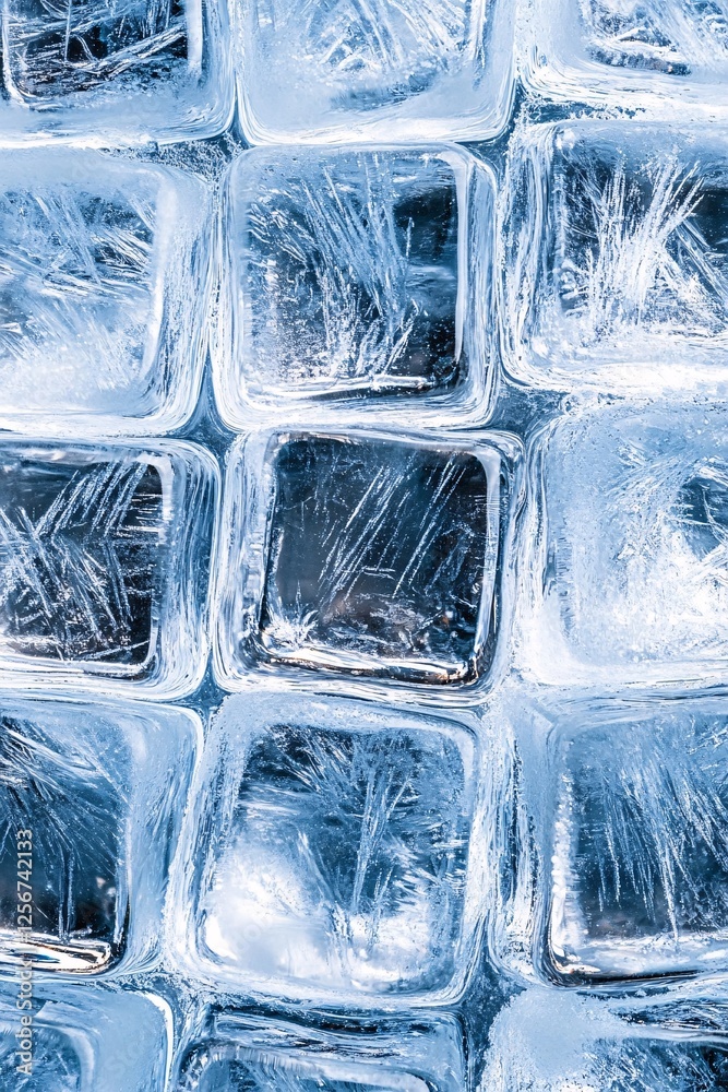 Poster close-up of ice cubes creating a cool, textured backdrop, ideal for summer or beverage-related conce