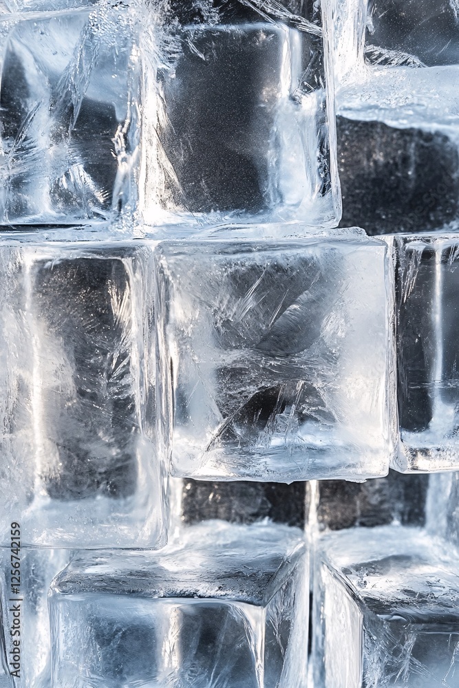 Poster ice cubes stacked together revealing their texture and transparency