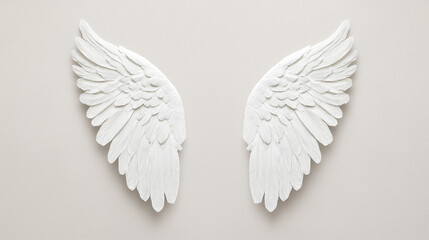 Fototapeta premium Elegant white angel wings displayed against a soft gray background representing purity, freedom, and the ethereal beauty of spirituality.