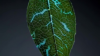 Glowing circuitry embedded within a green leaf represents the fusion of nature and technology, symbolizing bio-engineering, sustainable innovation, and environmental conservation