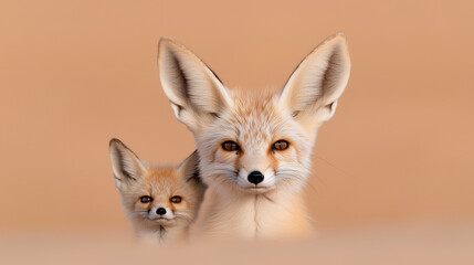 Two adorable desert foxes showcasing curiosity and affection against a soft, sandy background in a serene environment