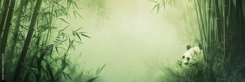 Fototapete Panda relaxing in a bamboo forest with soft mist creating a serene atmosphere perfect for contemplation. Generative AI