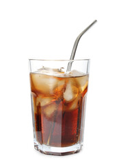 Refreshing cola with ice cubes and drinking straw in glass isolated on white