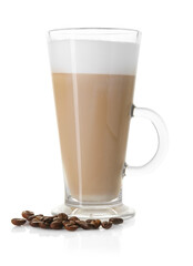 Tasty latte macchiato in glass cup and coffee beans isolated on white