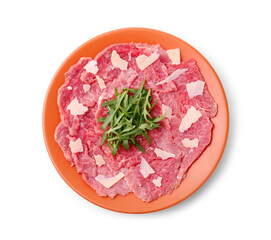 Fresh beef carpaccio with arugula and cheese isolated white, top view