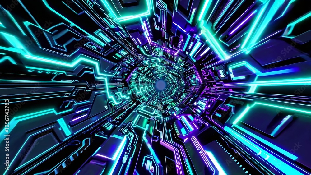 Wall mural Futuristic neon tunnel glowing with vivid colors, creating a mesmerizing visual journey through cyberspace, perfect for technology, gaming, or sci-fi projects