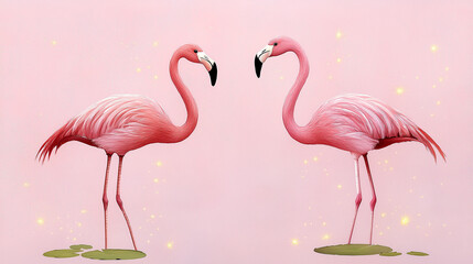 Obraz premium Two elegant flamingos interacting playfully on a soft pink background, symbolizing love, grace, and joy in nature.