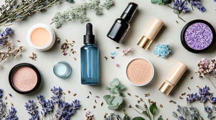 Lavender and flower-framed beauty products set against a grey backdrop