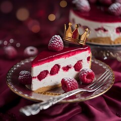 Luxurious slice of raspberry cheesecake with a golden crown topper.version first...