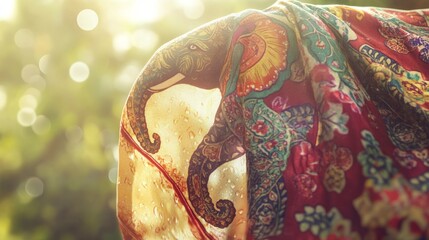 Intricate floral elephant scarf with water droplets, symbolizing Thai Songkran's vibrant renewal.
