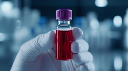 Laboratory technician holding a small glass vial with red liquid in a clinical setting emphasizing medical research and innovation