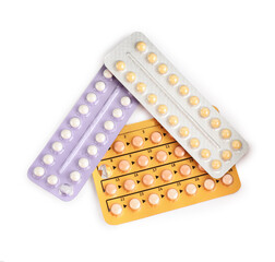 Blisters of contraceptive pills isolated on white, top view