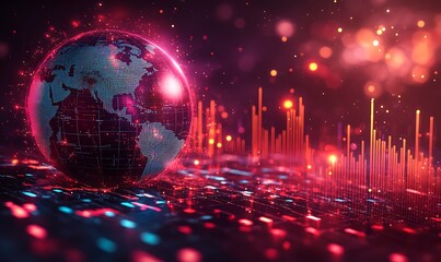 A vibrant digital representation of Earth surrounded by colorful data visualizations and glowing patterns