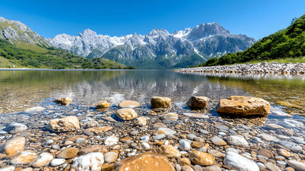 Fototapeta premium Pebbles in the clear water of a mountain lake reflect snow-capped peaks under a blue sky.