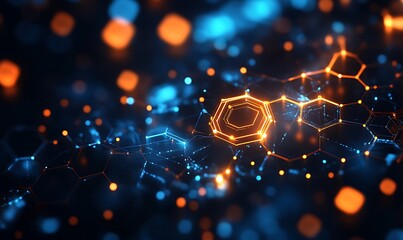 Abstract digital background featuring glowing hexagonal patterns and vibrant blue and orange lights