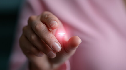 Person interacting with a glowing button using their fingertips while wearing a soft pink garment in a modern indoor setting.
