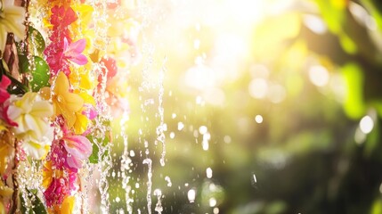 Vibrant water splashes with floral garlands and Thai patterns, celebrating Songkran's festive and refreshing spirit.
