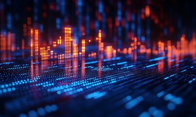 Abstract digital landscape with vibrant blue and orange data visualizations representing technology