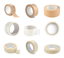 Rolls of different adhesive tapes isolated on white, set
