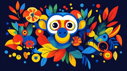 Fototapeta premium Colorful monkey surrounded by floral design