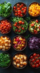 Vibrant assortment of fresh vegetables, croutons, and greens in bowls, perfect for healthy meal.
