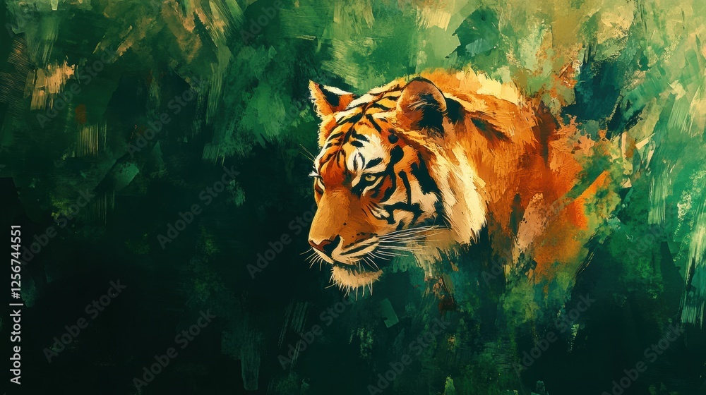 Aufkleber vibrant impressionist tiger portrait in lush jungle setting with space for creative text. generative