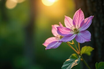 Fototapeta premium Clematis virginiana flowers blooming on a tree branch at dawn, nature, woodsy