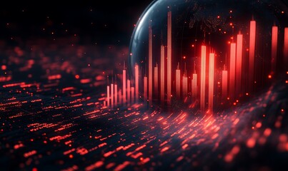 Abstract visualization of a digital globe surrounded by glowing data patterns and red graphs