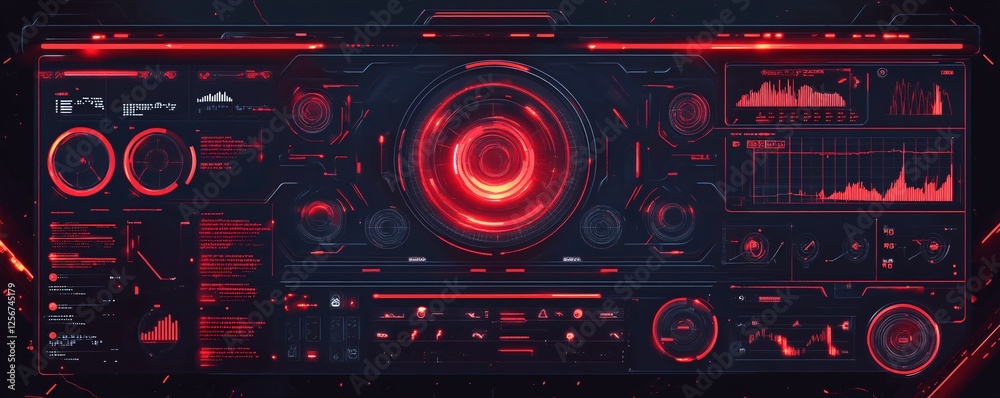 Poster Futuristic control panel interface is glowing red, showing various data and information