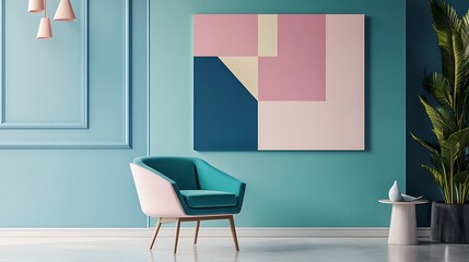 Teal living room with armchair and abstract art